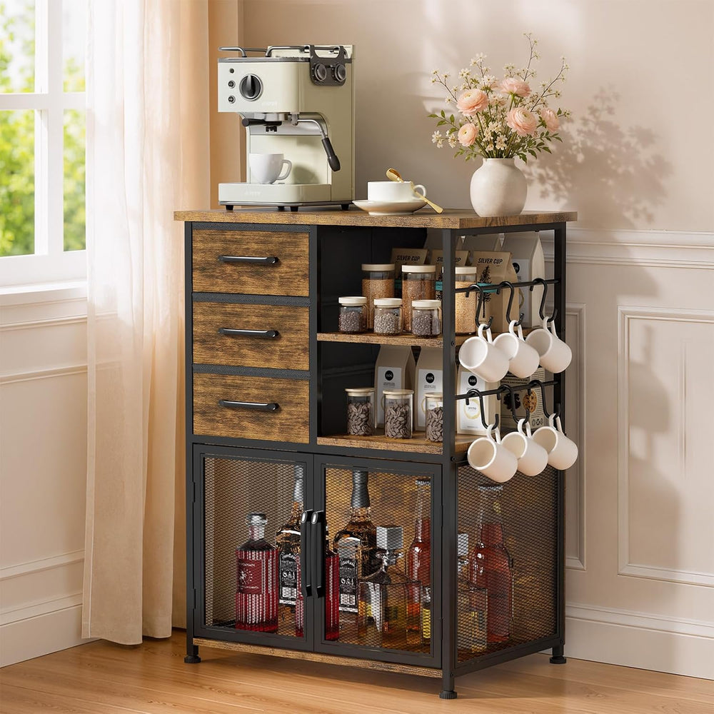 Coffee Bar Cabinet with Drawers - Open Shelves and Mesh Doors