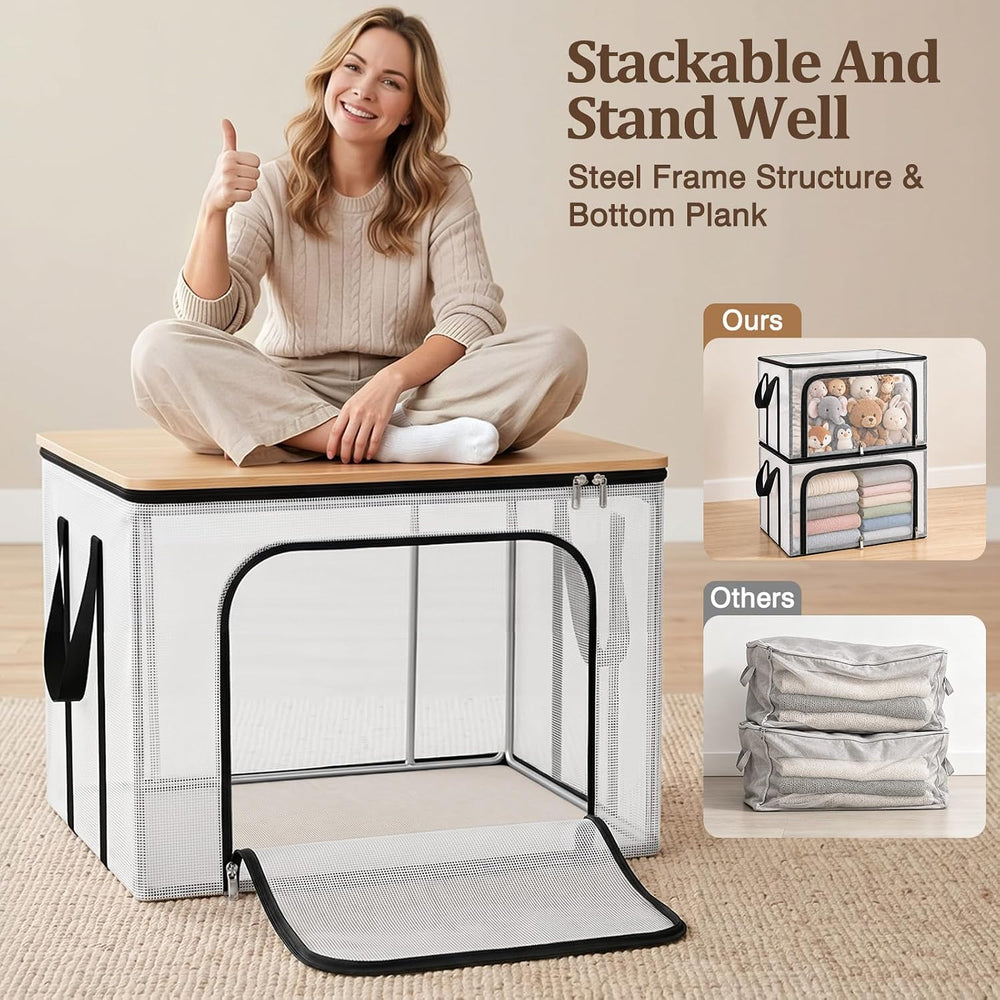 Clear Clothes Storage Bins with Metal Frame, Foldable Storage Boxes，3 Pack