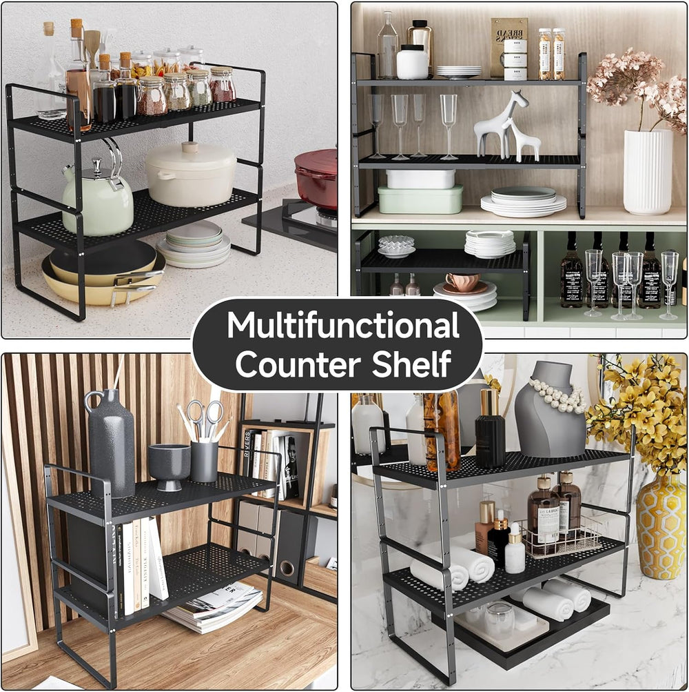 Expandable Cabinet Shelf Organizers, 16.5"~27''L, Black
