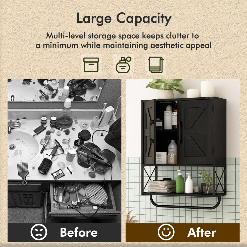 RUSTOWN Farmhouse Medicine Cabinet with 2 Barn Door & Towel Bar Rack
