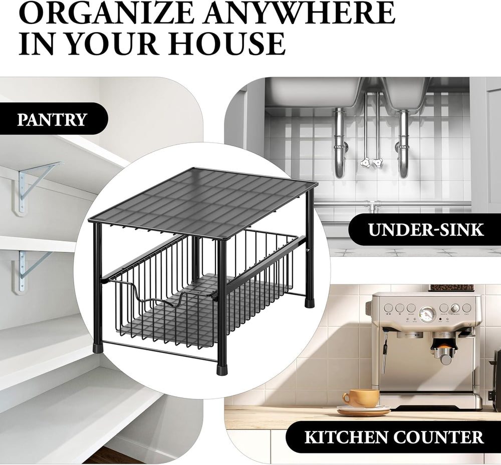 Simple Houseware Wired Stackable Under Sink Cabinet Sliding Basket, Black