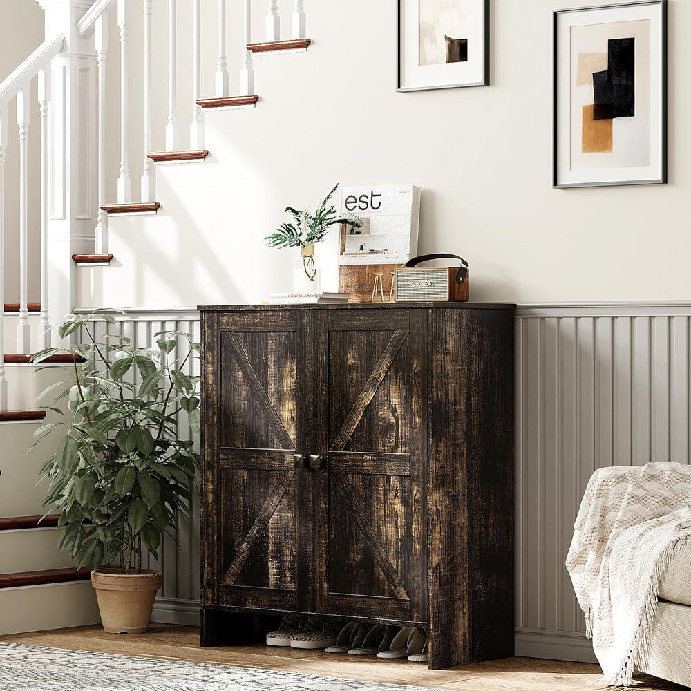VINGLI Shoe Cabinet with Doors,5 Tier Dark Rustic Oak Wooden Shoe Storage Cab...