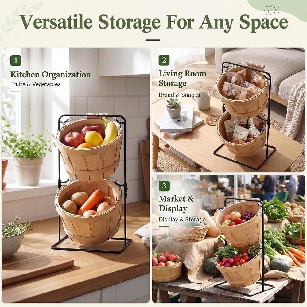 Novabright 2 Tier Wooden Fruit Basket with Metal Stand, Farmhouse Small Bushe...