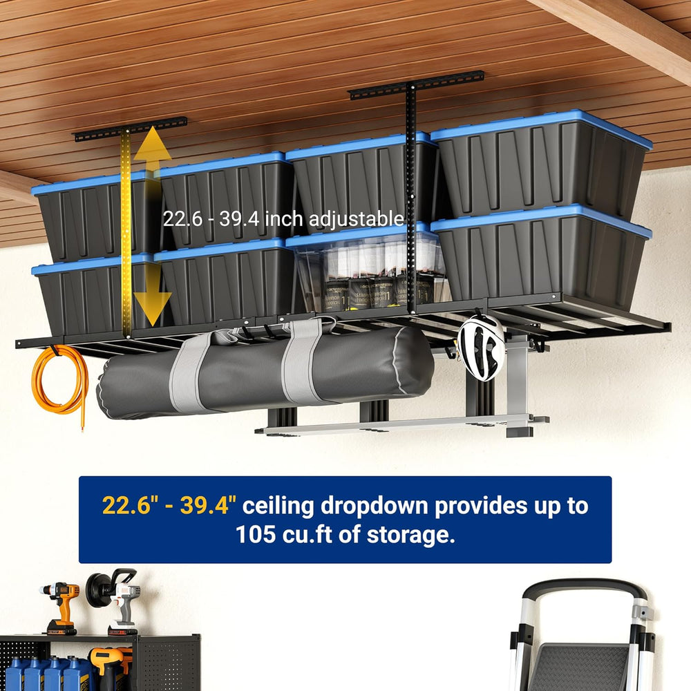 FLEXIMOUNTS 4x8 Overhead Garage Ceiling Storage Rack with 6 Hooks, Black