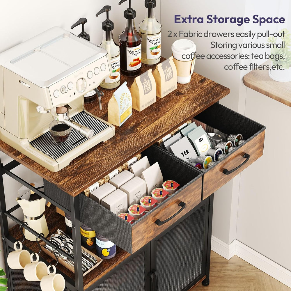 Coffee Bar Cabinet with Drawer - Coffee Stand Station with Removable Hooks, B...