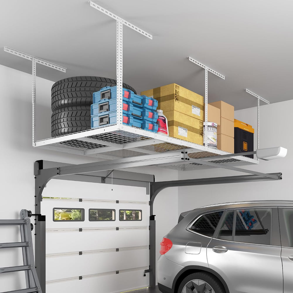 FLEXIMOUNTS 4x8 Overhead Garage Ceiling Storage Rack Organization, White