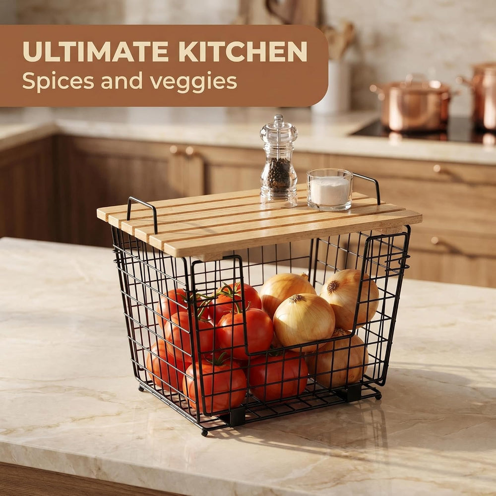 2 Wire Storage Basket with Bamboo Shelf for Fruits Vegetables and Spices