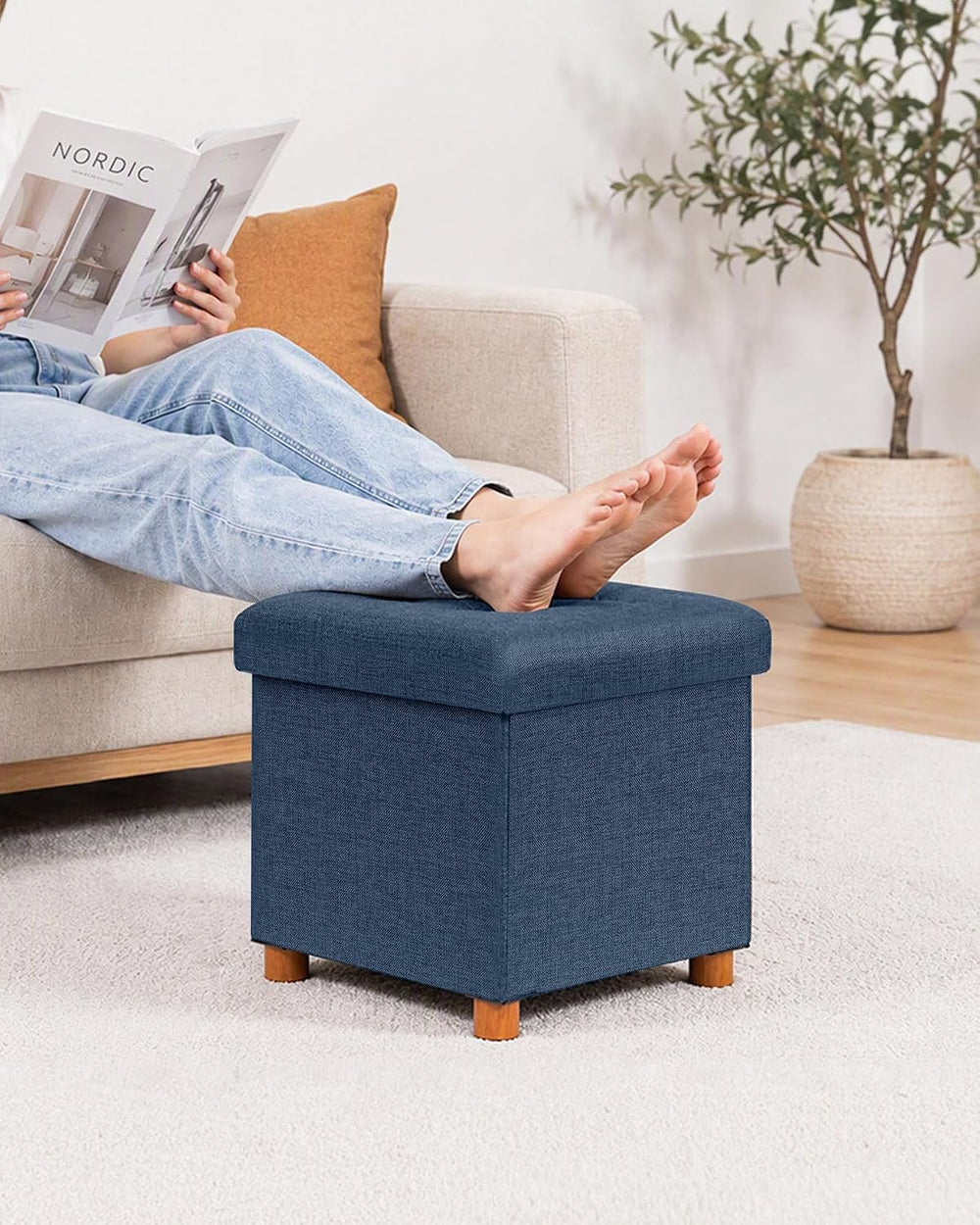 B FSOBEIIALEO 15" Square Storage Ottoman with Tray, Wood Legs, Linen Blue