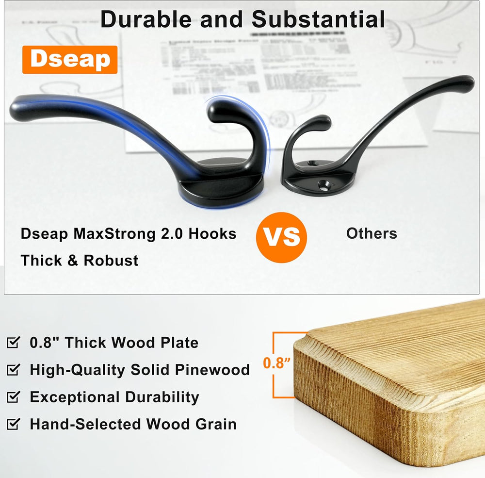 Dseap Coat Rack Wall Mount: 24" Long, Patented, Heavy-Duty, 6-Double-Hoo...