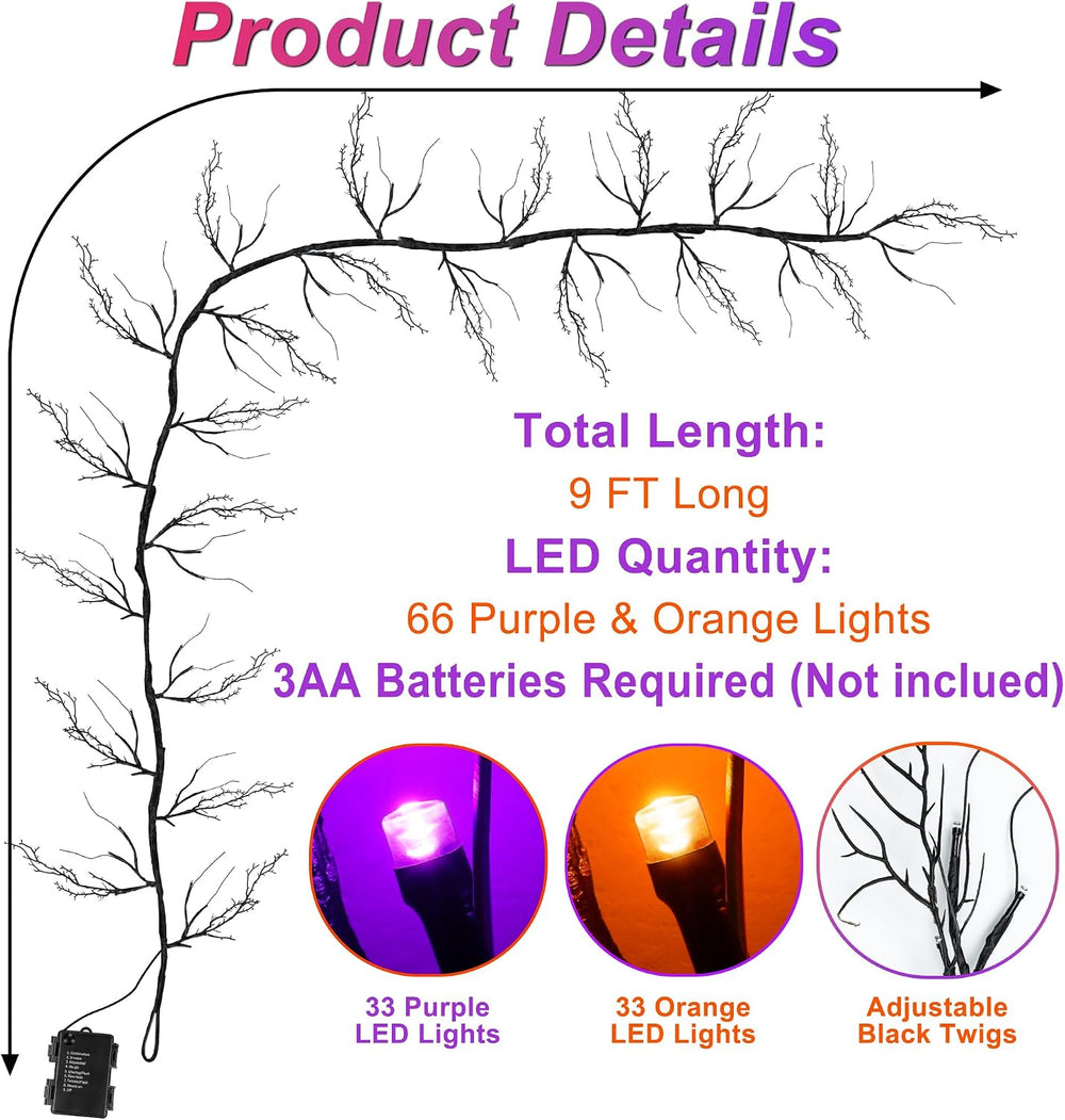 9 FT Halloween Lighted Twig Garland Decorations, 72 LED Orange Purple Lights ...