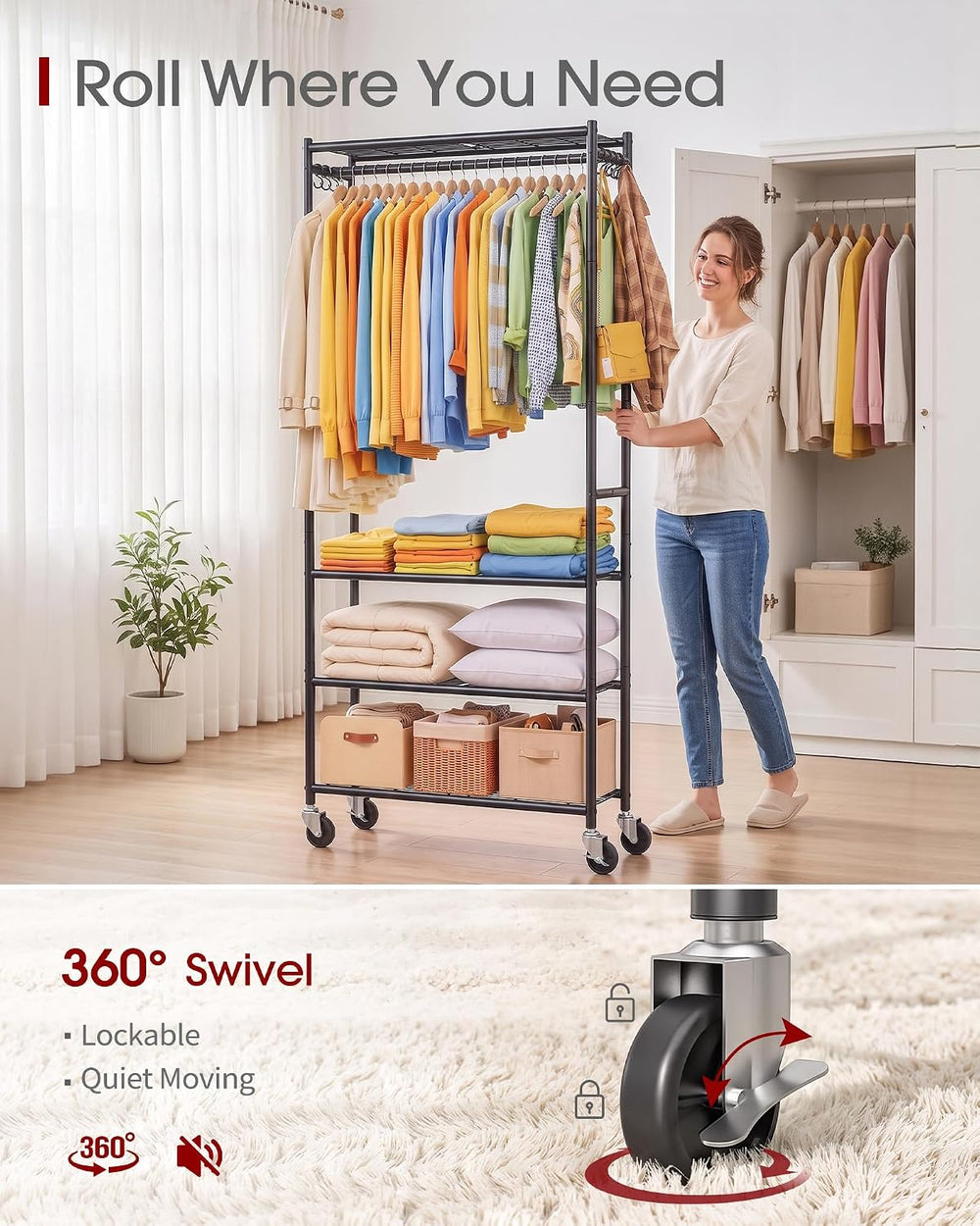 Sakugi Rolling Clothes Rack with Adjustable Shelves, 33"x12.5"x79.5...