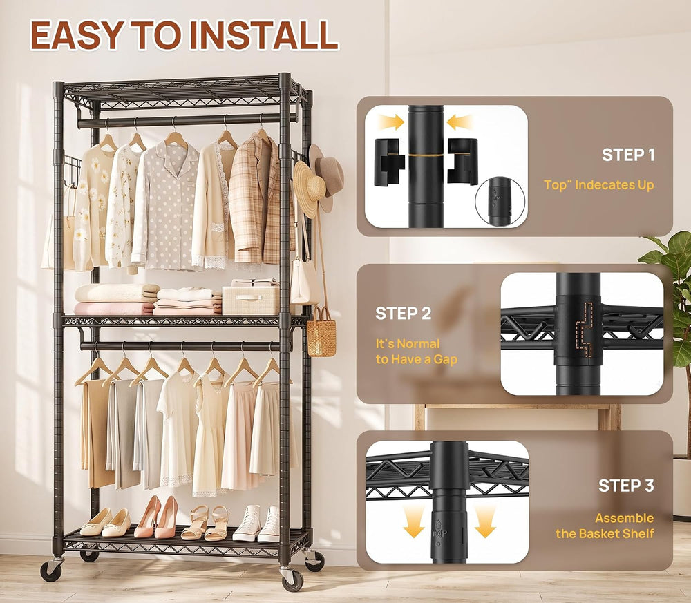 Duty Rolling Rack, 3-Tier Adjustable Clothes Rack with Double Rods, Black