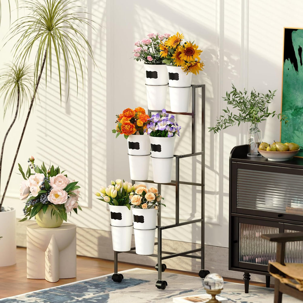 Flower Display Stand with 6 Buckets, Flower Cart with Wheels, 3 Layers Metal ...