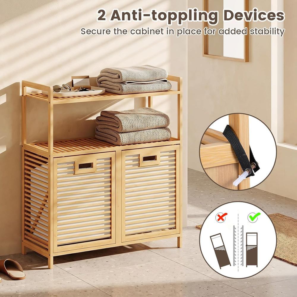 GOFLAME Bamboo Double Tilt Out Laundry Hamper Cabinet with Shelves