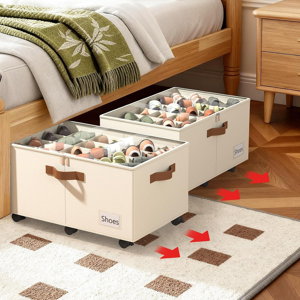 Shoe Organizer for Closet, Shoe Storage with Wheels, Beige