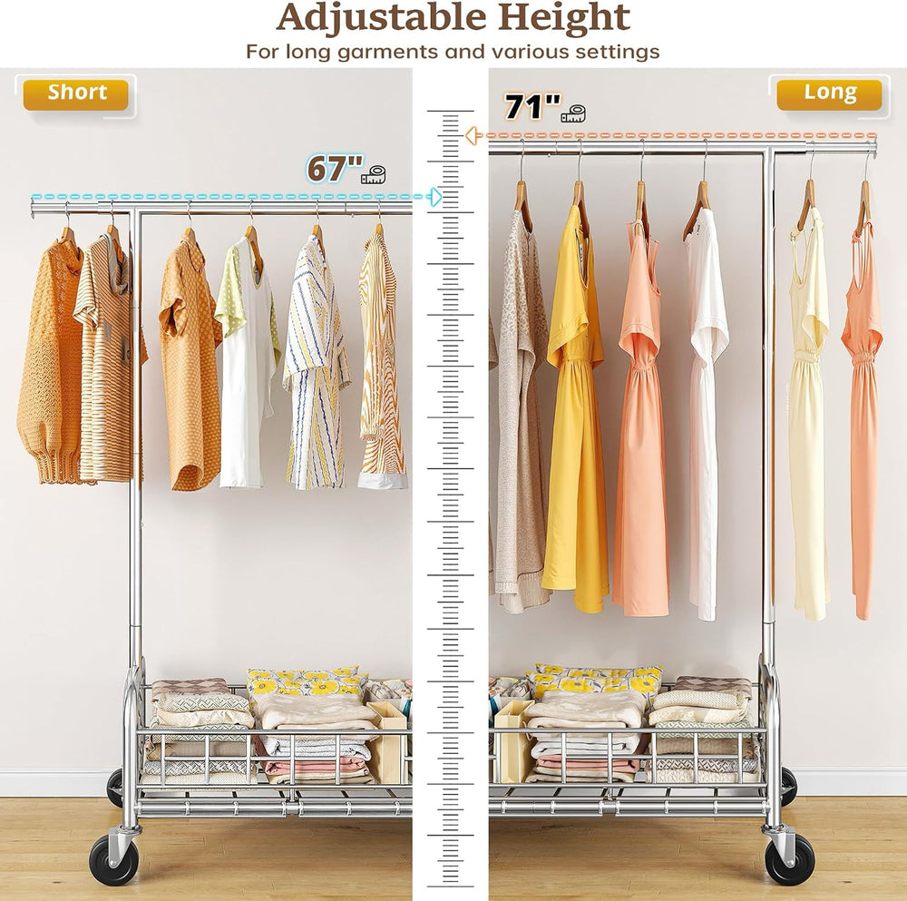 Raybee heavy duty clothes rack with wheels, 485LBS, Bottom Storage Basket