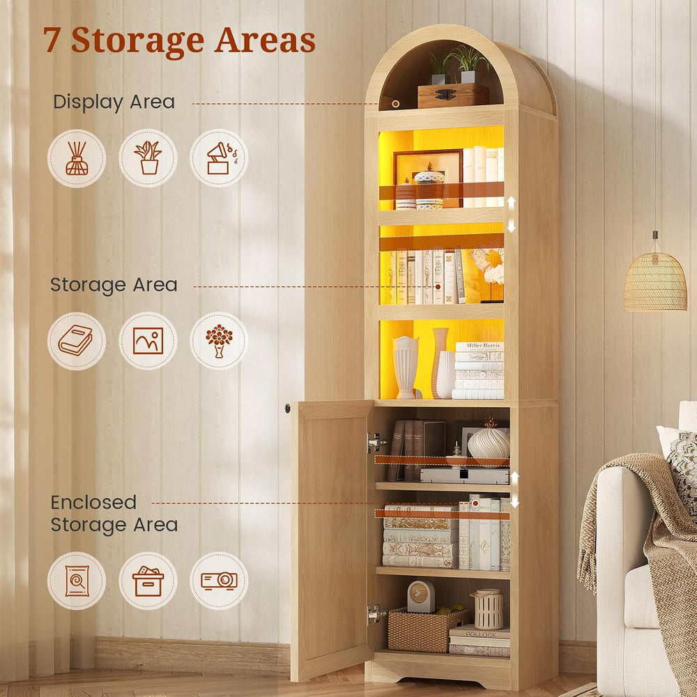 72" Tall Arched Narrow Bathroom Storage Cabinet with Lights, Slim Storag...