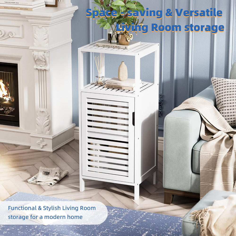 Bamboo Bathroom Storage Cabinet, 4 Tier Small White Floor Cabinet with Single...