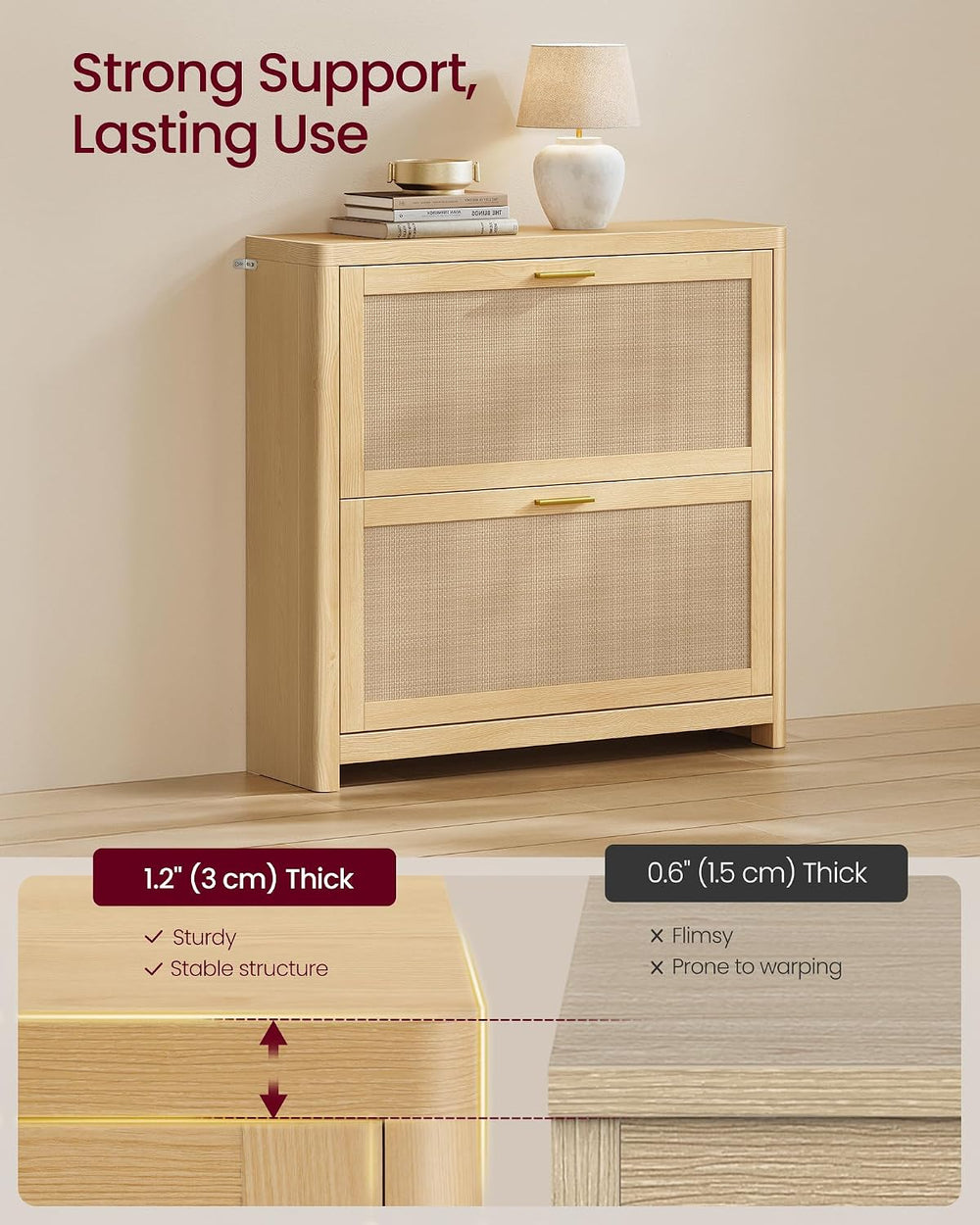 VASAGLE Boho Shoe Storage Cabinet, Slim, Rattan-Look Flip Drawers
