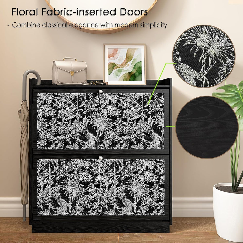 Slim Shoe Cabinet for Entryway with 2 Flip Drawers, Black Wood