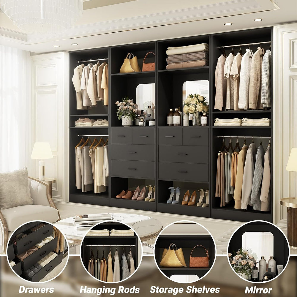 Unikito 100” Closet System with Drawers, 8.3FT Wood Closet Organizer with Han...