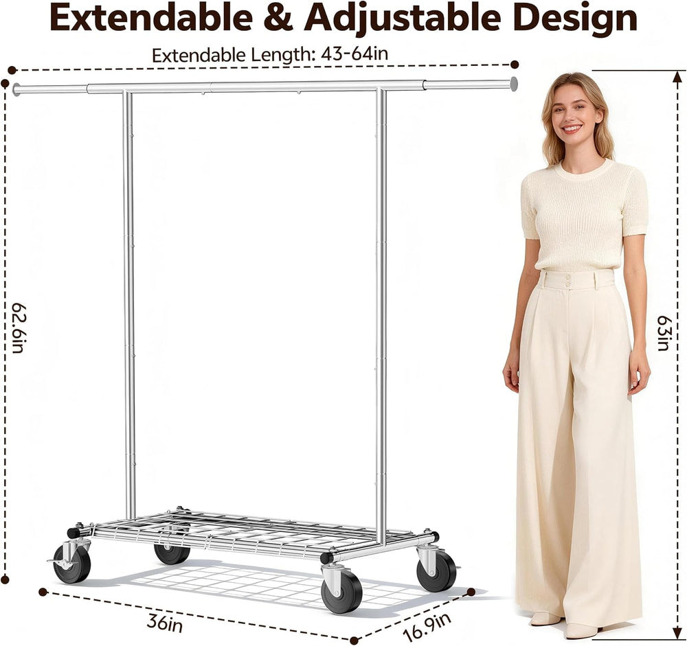 Heavy Duty Clothes Rack, Rolling Clothing Rack Load 420 LBS, Silver