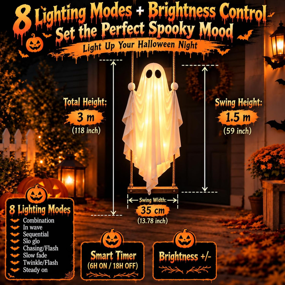 5FT Swinging Ghost Halloween Outdoor Decor with LED Lights Timer