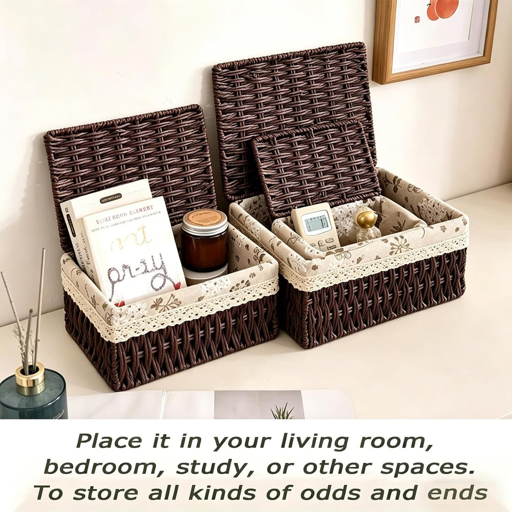 Wicker Storage Baskets with Lids, Set of 3 Nesting Natural Rattan Organizer B...