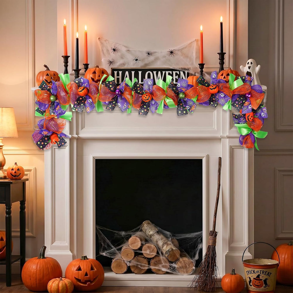 Halloween Garland for Mantle with Pumpkin Mesh Ribbons 6Ft