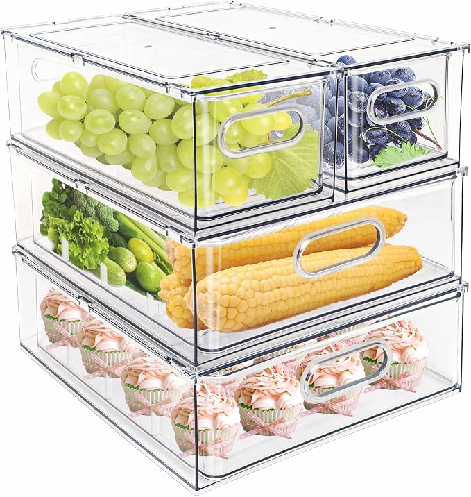MineSign 4 pack Stackable Refrigerator Organizer Bins Pull-Out Drawers