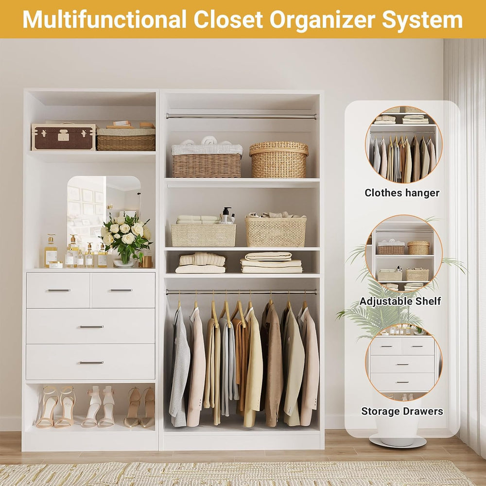 Unikito 61" Closet System, Heavy Duty Wood Closet Organizer with 2 Hangi...