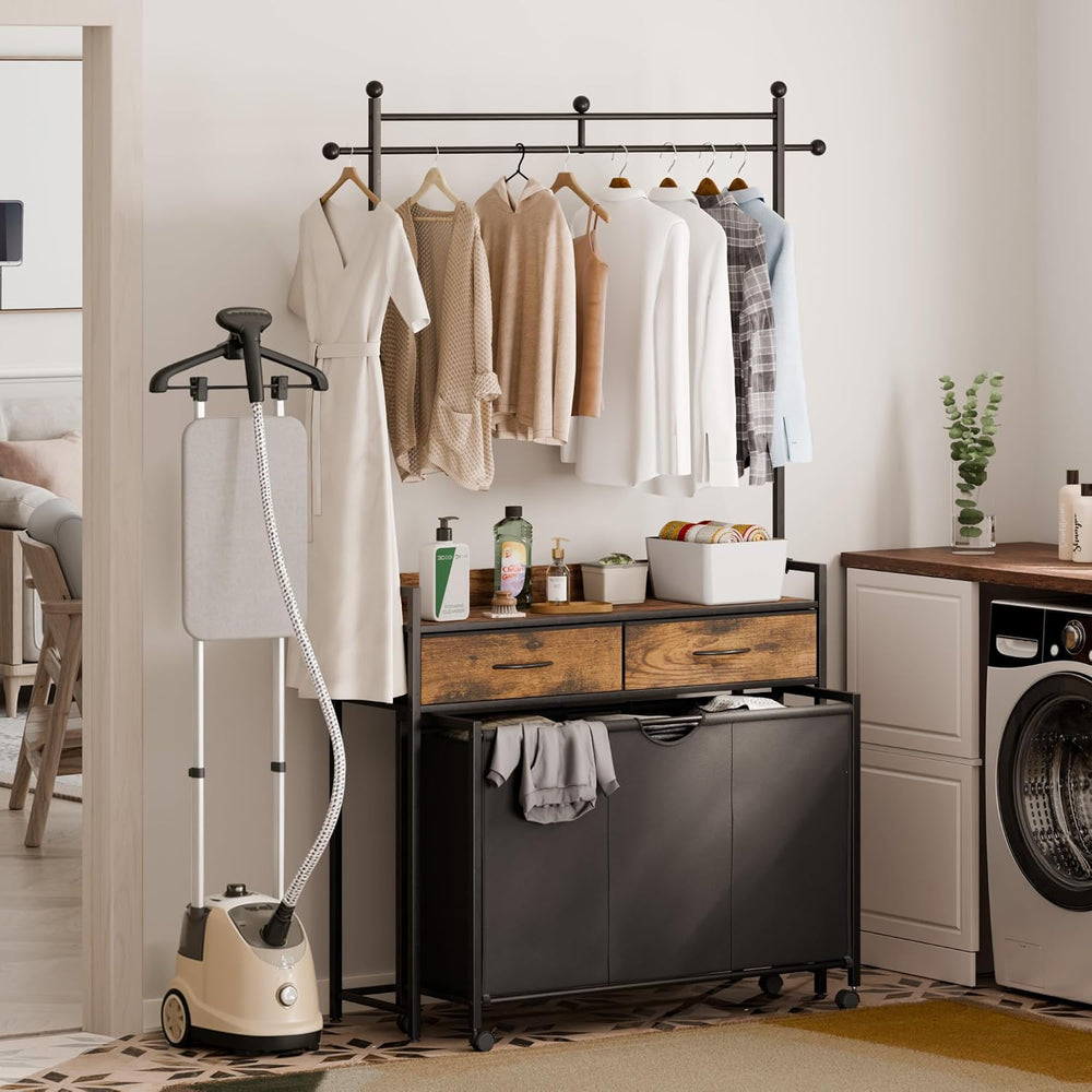Mondeer 150L Laundry Sorter with Hanging Rack, 3 Compartments, 2 Drawers