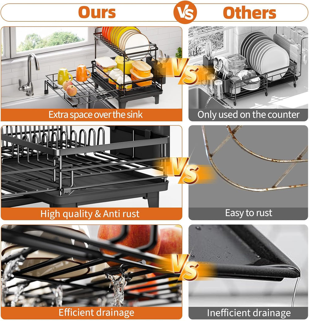 Urackify Expandable Sink Dish Drying Rack for Kitchen Counter, 2-Tier Black