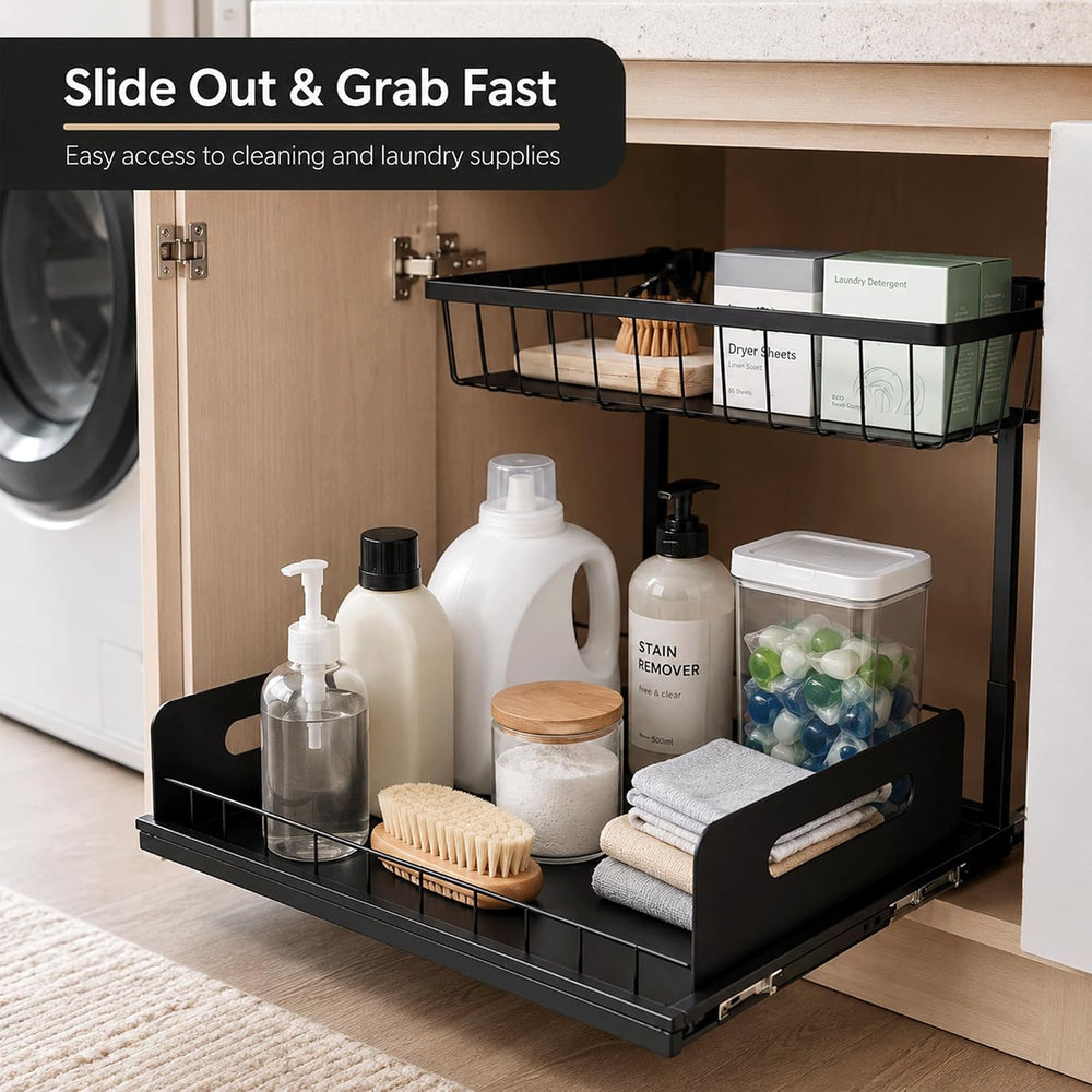2-Tier Under Sink Organizer, Pull-Out Cabinet Storage Rack, Black, Adjustable...