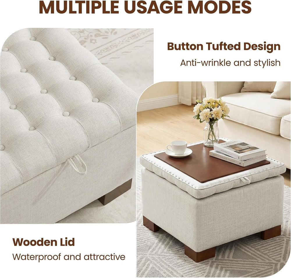24 Inch Square Storage Ottoman Coffee Table, Modern Tufted Upholstered Ottoma...