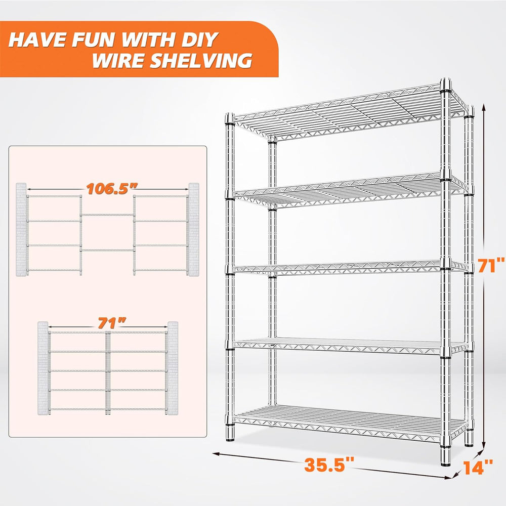 REIBII 5-Tier 1200LBS Metal Shelving, 71" H Adjustable Storage Shelf,Chrome