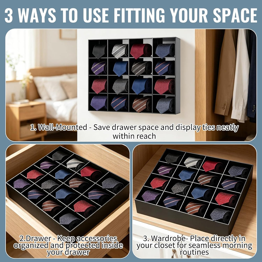 2 Pack Tie Box Organizer Wall Mounted Black Acrylic with 16 Compartments, Tie...