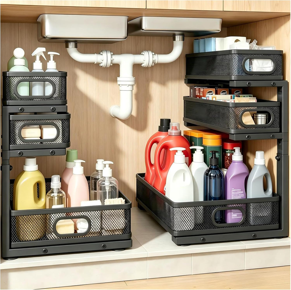 2 Pack Bathroom Under Sink Organizer, 3-Tier Pull Out Kitchen Cabinet Organiz...
