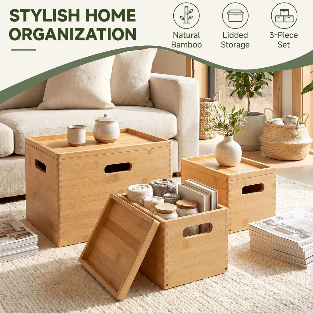 Sintuff 3 Pcs Stackable Bamboo Storage Box with Lid and Handle - Large 14.6&q...