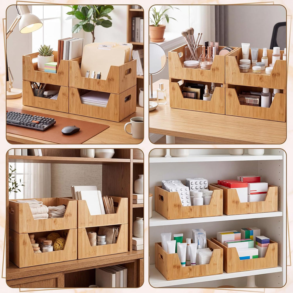 4 Pcs Stackable Bamboo Pantry Storage Bins for Kitchen Storage