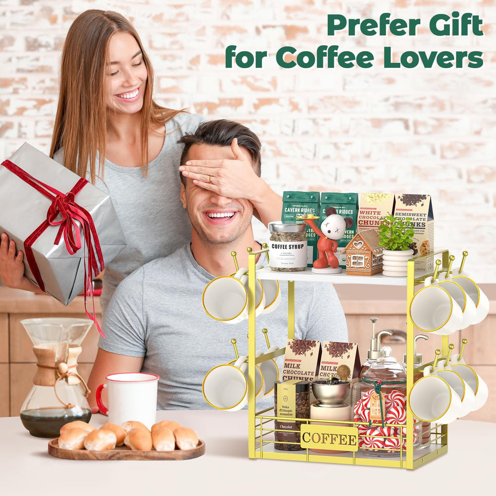 Coffee Mug Cup Holder Tree Bar Station Organizer, 2 Tier Gold