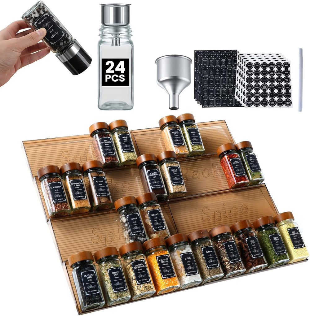 2 Pack Spice Rack with 24 Spice Jars, 4OZ Wood Lid Spice Containers with Expa...