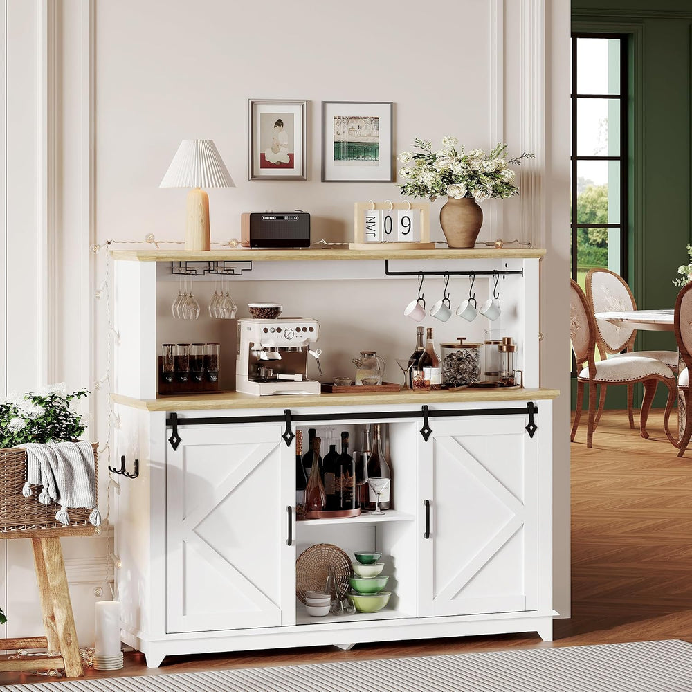 Garvee 55 in Coffee Bar Cabinet with Power Outlet & LED Light, Farmhouse ...