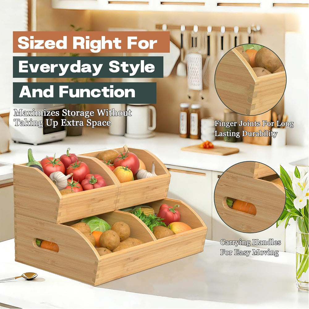 Potato and Onion Storage Bin, Stackable Bamboo Pantry Organizer and Storage