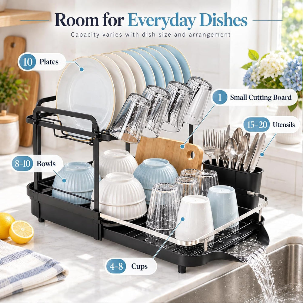 2 Tier Dish Drying Rack, Dish Drainer with Drainboard Set, Black