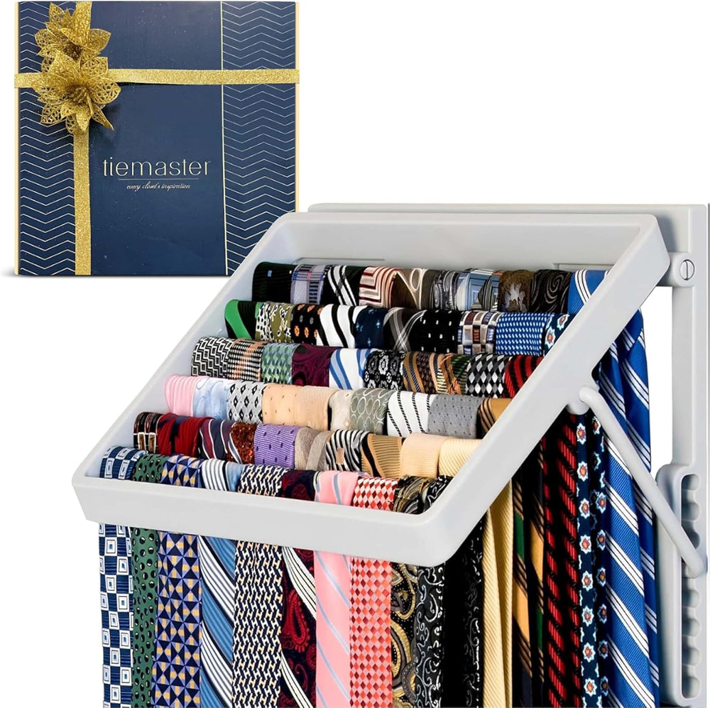 TieMaster Wall Mounted Tie Rack and Scarf Organizer with 5 Belt Hooks