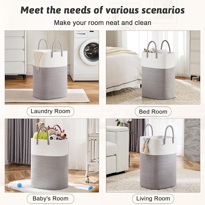 Laundry Basket, Woven Cotton Rope Laundry Hamper, Versatile Storage