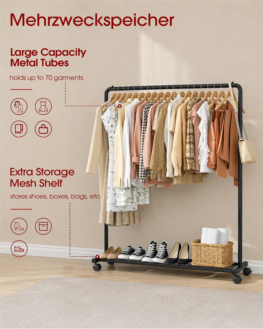 Sakugi Clothes Rack - Clothing Rack with Storage Mesh Shelf & Casters, He...