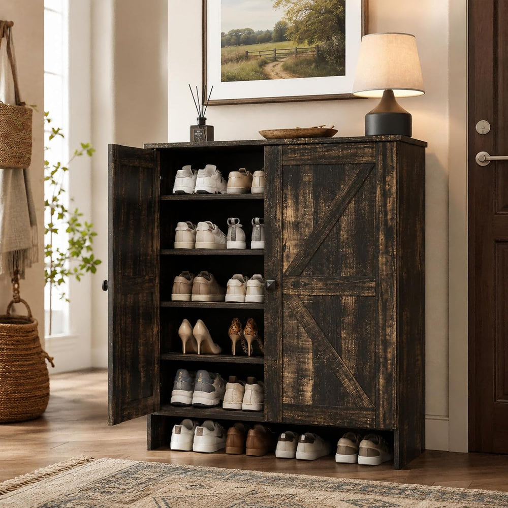 VINGLI Shoe Cabinet with Doors,5 Tier Dark Rustic Oak Wooden Shoe Storage Cab...