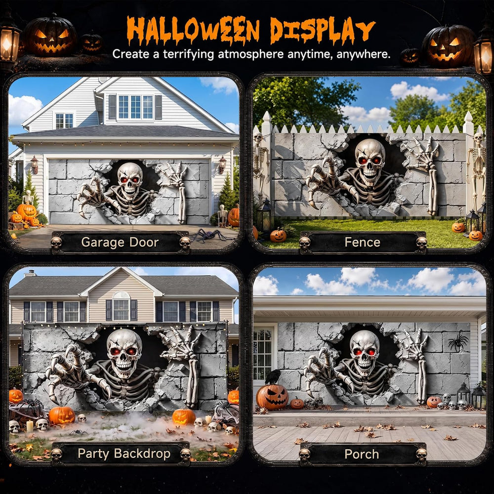 16 x 7 FT Halloween Garage Door Cover,Large 3D Skeleton Halloween Backdrop
